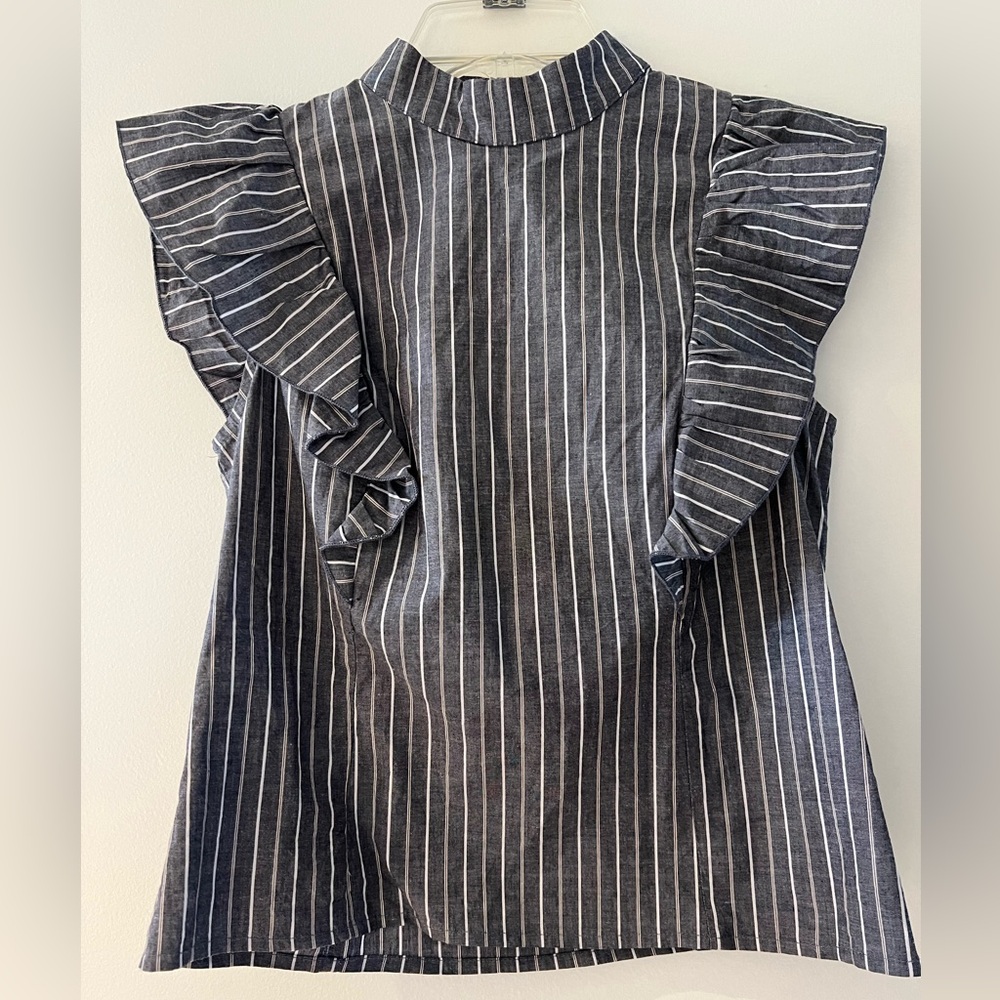 CAD Cotton Stretch Striped Ruffle Sleeve Top Blouse Made in USA Size S